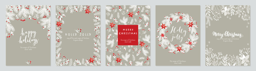Christmas card set - hand drawn floral flyers. Lettering with Christmas decorative elements. - obrazy, fototapety, plakaty