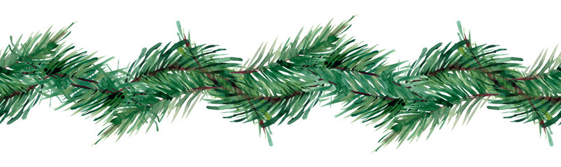 Panoramic view with pine branches. Horizontal border with Christmas tree on white background. Hand draw, watercolor style, decorative botanical illustration for design