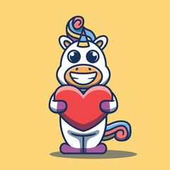 Cute unicorn horse character mascot hugging heart vector illustration. Flat cartoon style.