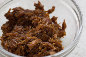 Fototapeta Tuna fish Fried minced canned food with soy sauce maki ingredient obraz