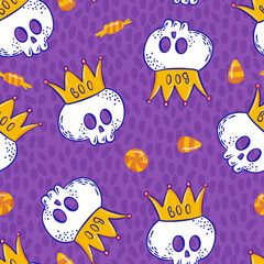 Skulls with Golden Crown Vector Seamless Pattern