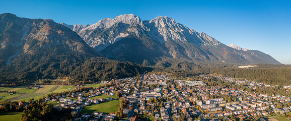 Hall Innsbruck Inn valley. Karwendel Mountains Alps. Aerial Panorama
