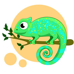 Cute chameleon on the tree. Cartoon vector illustration