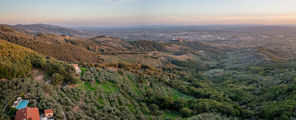 Tuscany hills sunset. Beautiful aerial shot of scenic landscape