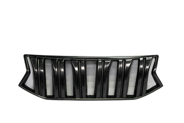 Black car radiator grill with vertical slots and mesh front view isolated on transparent background.