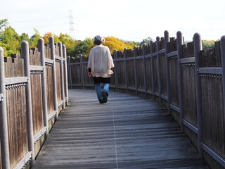 木道を歩く高齢日本人女性