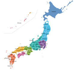 地方で色分けされた日本地図、英語の県名