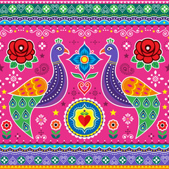 Pakistani and Indian truck art seamless vector design with peacocks, hearts and roses, decorative bird floral vibrant pattern- 544325132