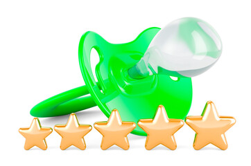 Rating of baby pacifier concept. Pacifier with five golden stars, 3D rendering