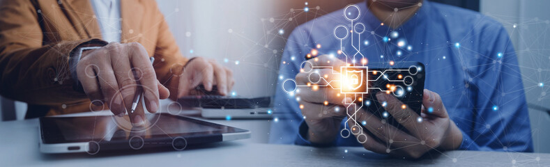 Cyber Protection Data Security Internet Privacy, Internet and technology concept on virtual screen. Man touching on lock icon.