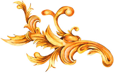 Watercolor golden baroque floral curl, rococo ornament element