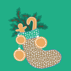 boot for gifts,christmas cookies,christmas tree toy,decoration for christmas and new year,garlands,berries,fir branches,christmas trees,cooking,christmas pastries,gift bag