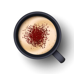 Cup of coffee with milk and cinnamon. Red velvet coffee, cappuccino, macchiato, cocoa top view. Easy to edit realistic vector. 3d model coffee in black cup isolated on white.