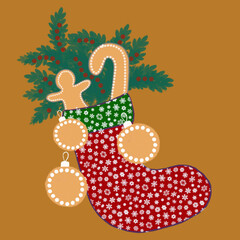 boot for gifts,christmas cookies,christmas tree toy,decoration for christmas and new year,garlands,berries,fir branches,christmas trees,cooking,christmas pastries,gift bag