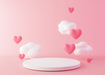 Pink podium with hearts and clouds flying in the air. Valentine's Day, Mother's Day, Wedding. Podium for product, cosmetic presentation. Mock up. Pedestal or platform for beauty products. 3D render. - obrazy, fototapety, plakaty