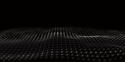Abstract white particle background. Flow wave with dot landscape. Digital data structure. Future mesh or sound grid. Pattern point visualization. Technology vector illustration.