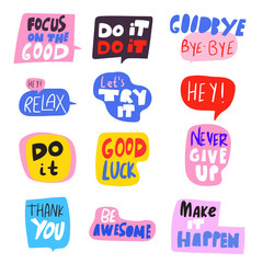 Stickers with inspirational phrases.  Hand lettering. Vector illustration on white background.
