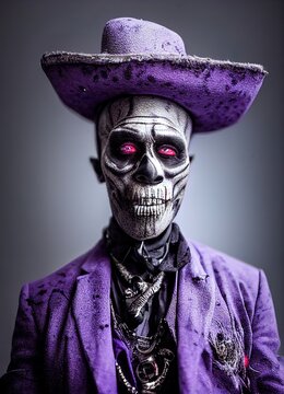 A Fictional Person. Portrait of Baron Samedi Wearing Purple Suit Death - Digital Art, 3D Render, Concept Art