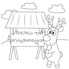 Cute deer in the winter forest at the feeder with hay. Coloring book for children