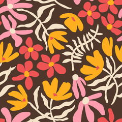 Hand drawn floral retro print for fabric, wallpaper, packaging, wrapping paper, web banner and social media. Modern groovy flowers, vector background. Vintage botanical seamless pattern.