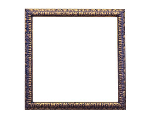 Vintage square frame for photos or paintings in gold color with carved ornament. Isolated on a white background. Blank for the designer.