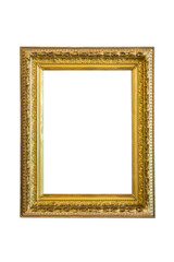 Vintage carved wooden frame for photos or paintings in the color of gold blackening, highlighted on a white background. Rectangular vertical. Blank for the designer.