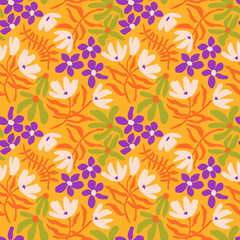 Hand drawn floral retro print for fabric, wallpaper, packaging, wrapping paper, web banner and social media. Modern groovy flowers, vector background. Vintage botanical seamless pattern.