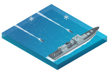 Isometric attack of a military naval warship with aerial drones and maritime surface military drones. Military drones can be controlled both manually using onboard television cameras © Golden Sikorka