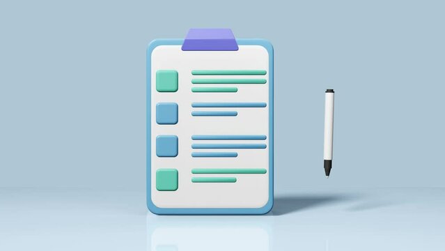 Clipboard with checklist and marker drawing ticks checking selection marks on blue background. 3d rendering animation
