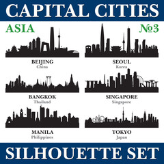 Fototapeta premium Capital cities silhouette set. Asia. Part 3