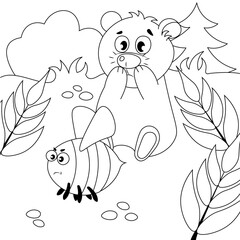 A cute teddy bear sits in a clearing with his nose stung by a bumblebee. Coloring book for children