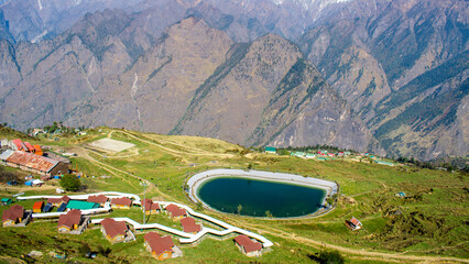 Aerial view of Auli,a Himalayan ski resort and hill station Uttarakhand, India
