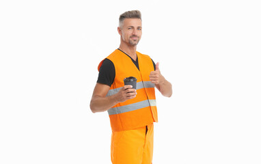 glad contractor man wearing working reflective vest. studio shot of man contractor.