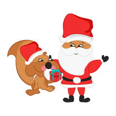 Cartoon animal caricature and Santa Claus. Christmas print of squirrel with santa claus and gift box. Isolated on white background.