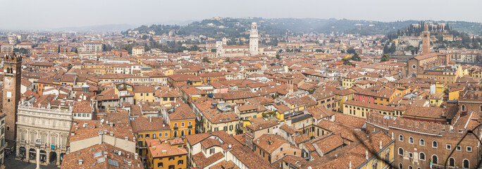 Extra wide Aerial view of the historic center of Verona with Square of Erbe