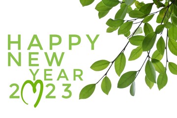 'HAPPY NEW YEAR 2023' in green color with ficus branches and leaves background, concept for greeting invitation card and happy new year 2023 concept.