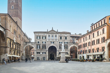 The beautiful Piazza Dante in Verona with historic buildings with beautiful facades