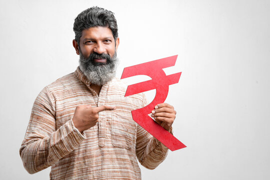 Indian Farmer Showing Rupees Symbol On White Background.