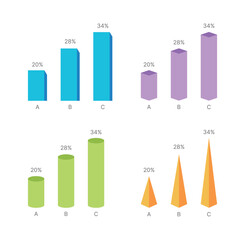 Set of three-dimensional bar graph templates as editorial design source for corporate business presentations, reports, flyers, brochures.