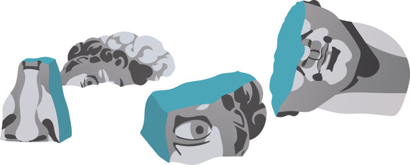 Illustration of the destroyed head of David. Fragments of an ancient classical statue are lying on the floor. Bright blue color inside the fault, light marble outside The destruction of statue culture
