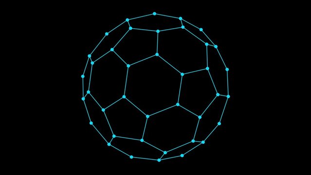 Fullerene, molecular compounds, closed polyhedra, of three-coordinated carbon atoms, from blue lines, rotating, turning, on black background.
