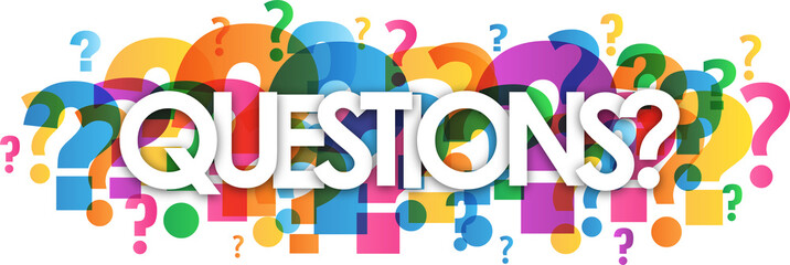 QUESTIONS? typography banner with colorful question marks on transparent background - 544331361