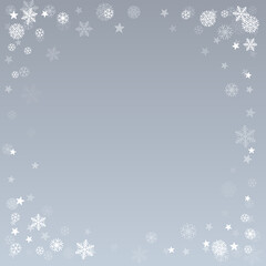 Christmas snow vector background. Falling snowflakes transparent decoration. New Year Holidays greeting card backdrop.