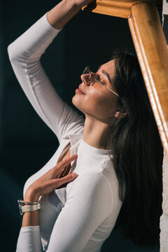 Photo of cheerful glad nice woman wear white blause and sunglass
