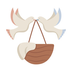 Greeting card Welcome baby. Vector of cradle and pigeons. Welcome template. Happy greeting poster with newborn kid. Cartoon flat illustration.