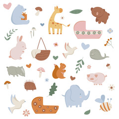 Set of cute baby objects and animals in minimalistic flat style. Vector illustration of child's toys. Hello, baby. Cartoon kid clipart. Newborn