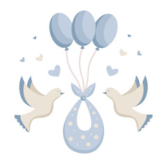 Baby boy card. Greeting card Welcome baby. It's a boy. Vector of cradle and pigeons. Welcome template for boy. Cartoon flat illustration.
