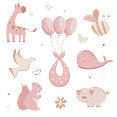 Welcome, baby. It's a girl. Set of cute baby objects and animals in minimalistic flat style. Vector illustration of children's toys. Cartoon kid clipart. Newborn.