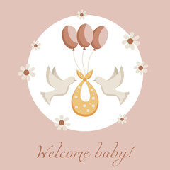 Greeting card Welcome baby. Baby Shower invite banner. Cute birthday party background. Welcome template. Happy greeting poster with newborn kid. Cartoon flat illustration.