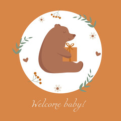 Greeting card hello baby. Baby Shower invite banner. Cute birthday party background. Welcome template. Happy greeting poster with newborn kid. Cartoon flat illustration.